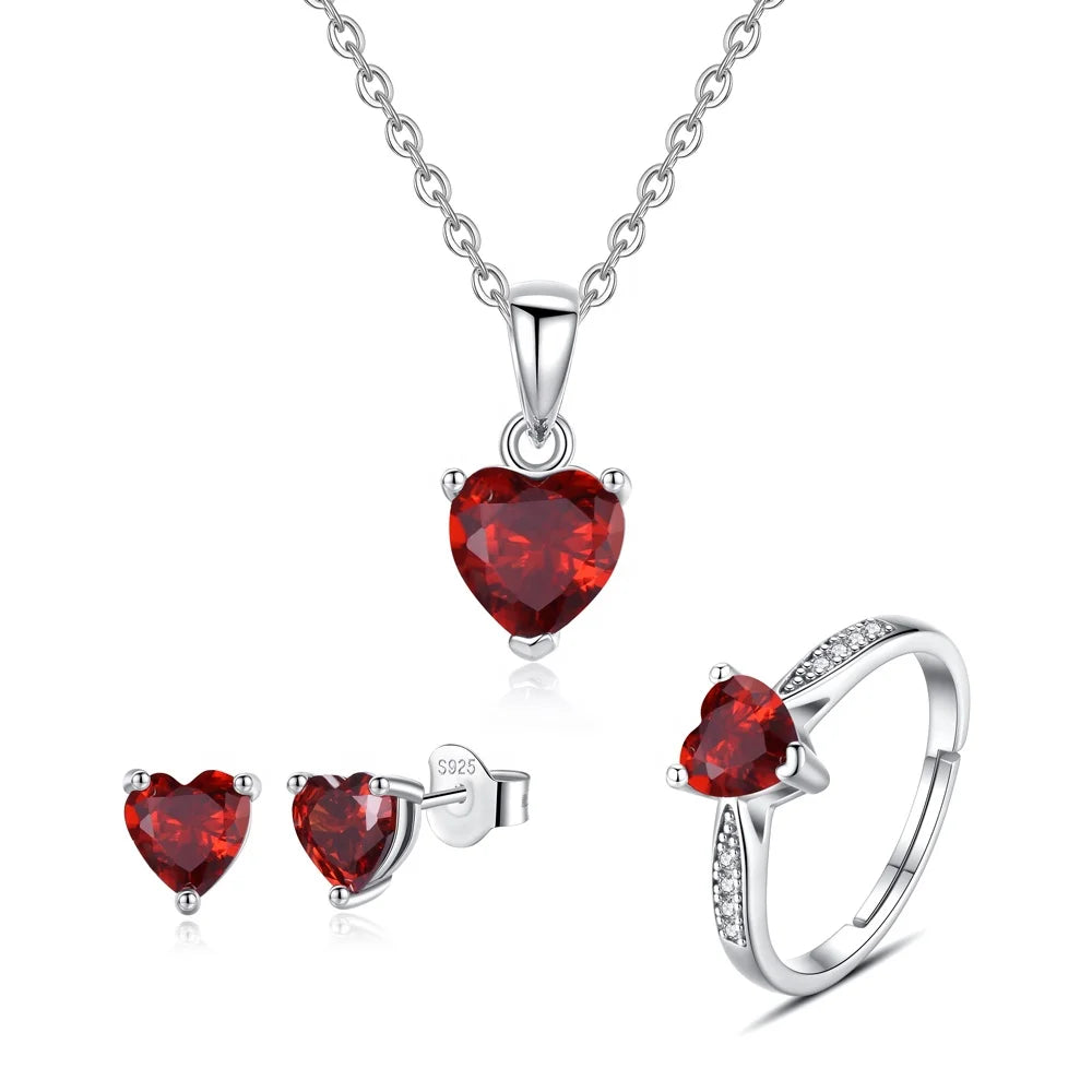 Heart Shaped Birthstone Ring Stud Earrings Pendant Necklace Jewellery Sets 925 Sterling Silver Cubic Zirconia Jewelry