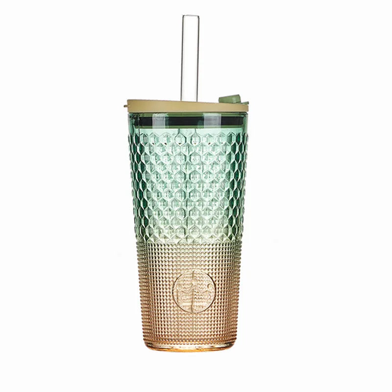 L Wholesale 640ml 460ml Green Amber Color Embossed Glasses Cup  With Plastic Lid and Straw  for Milk Water Bottle Coffee Mug