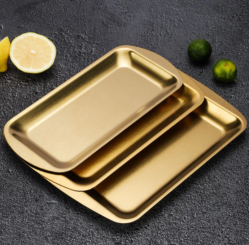 304 Stainless Steel Rectangular Serving Tray Brush Metal Barbecue Plate Stackable Snack Fruit Dish for Home Restaurant Picnic