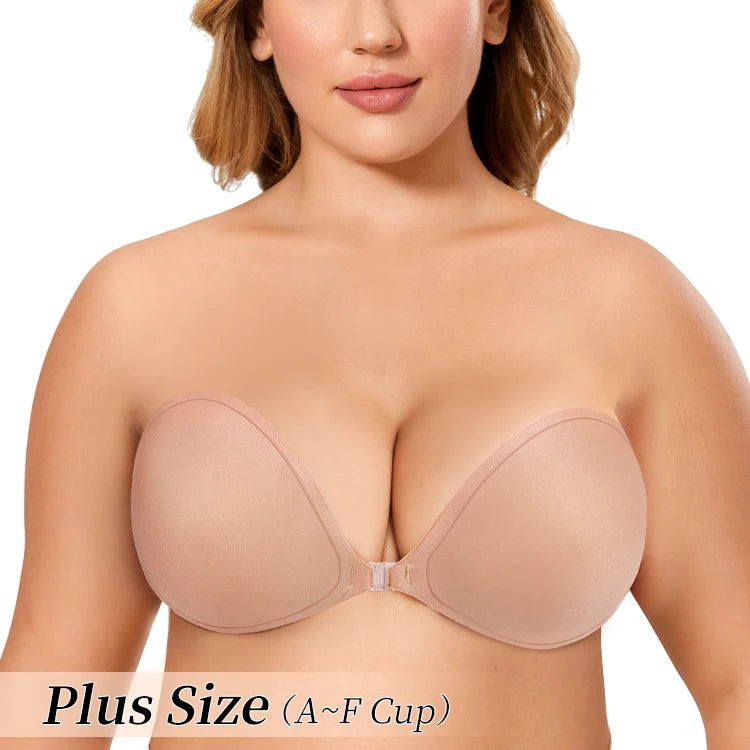 Women's New Design Invisible Backless Strapless Reusable Push-Up Silicone Sticky Sponge Bras Sexy Lingerie Plus F Size for Lady