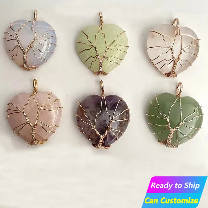 Wholesale Wire Wrapped Crystal Natural Raw Stone Love Tree of Life Gold Heart Shaped Necklace Rose Quartz Jewelry Pendant