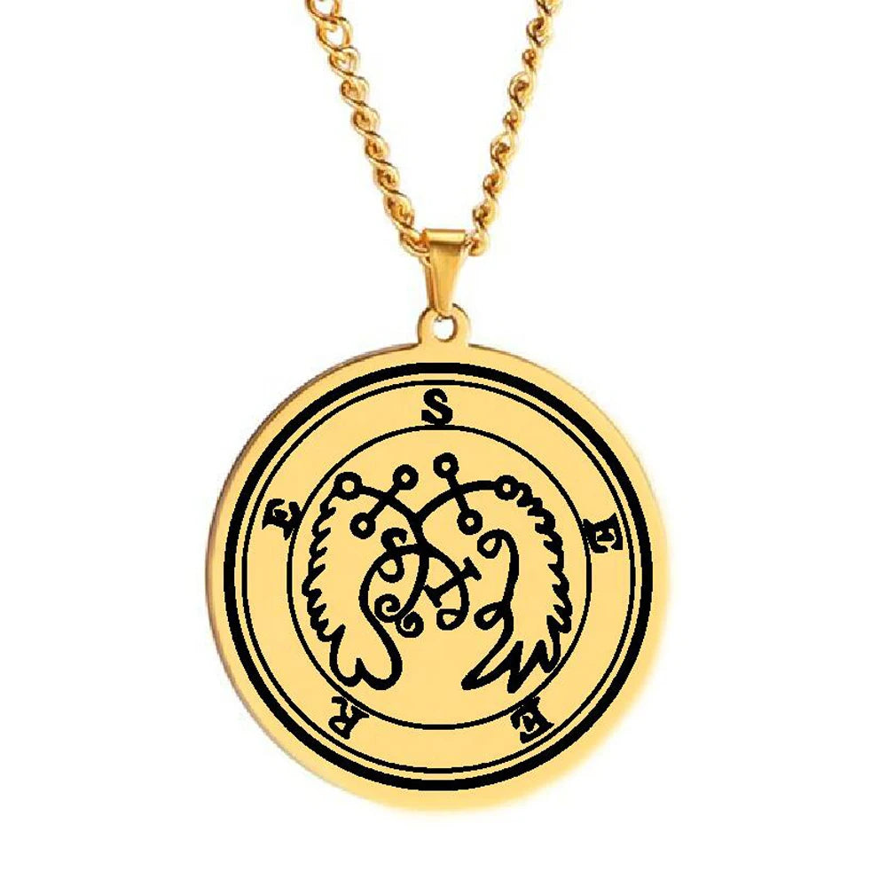 Gold Seals of the 72 Spirits the Lesser Key of Solomon King Asmoday Demon Origins Goetia 61-72 Stainless Steel Pendant Necklace