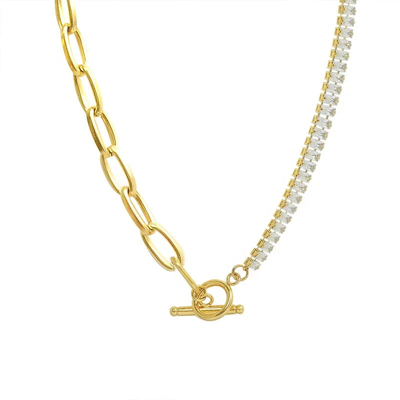 Iced Out Stainless Steel Gold Asymmetric Necklace OT Clasp Baguette Diamond Tennis Chain Choker Necklace