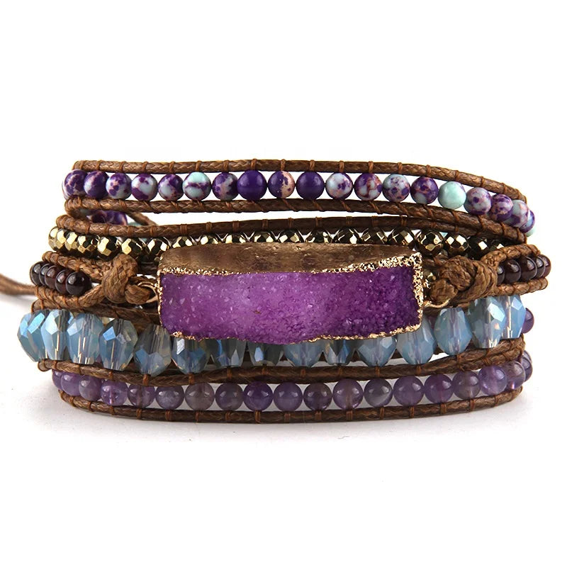 Summer Fashion Women Armbander Multicolor Crystal Natural Stones Mixed Druzy Charm 5X Wrap Bracelets