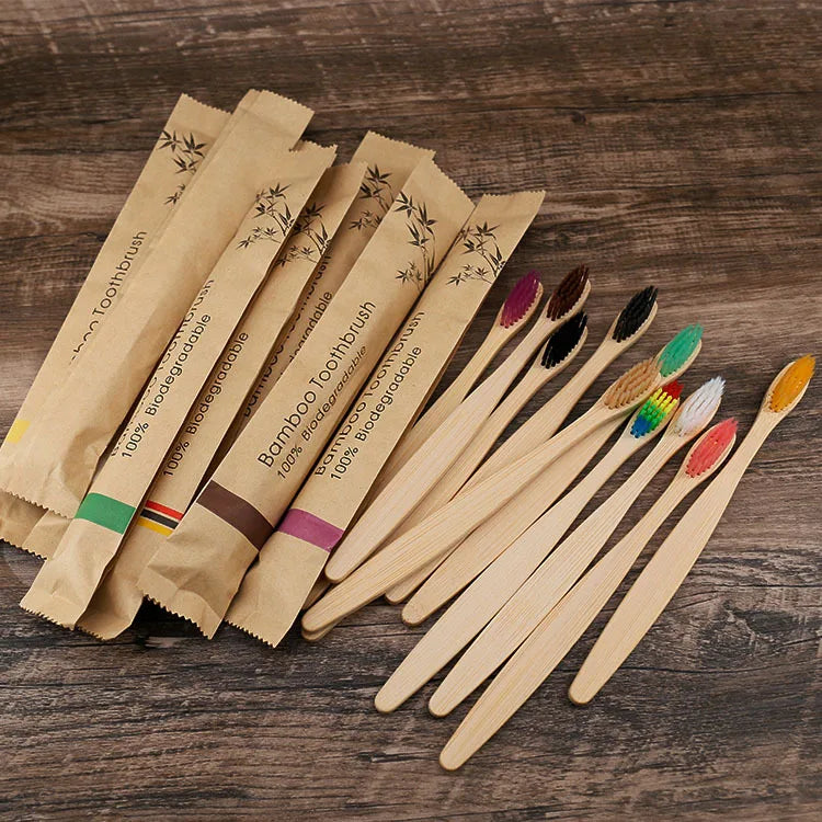 Good Quality Eco Friendly Disposable Packing Colorful Charcoal Soft Bristle Wooden Toothbrush for Adults
