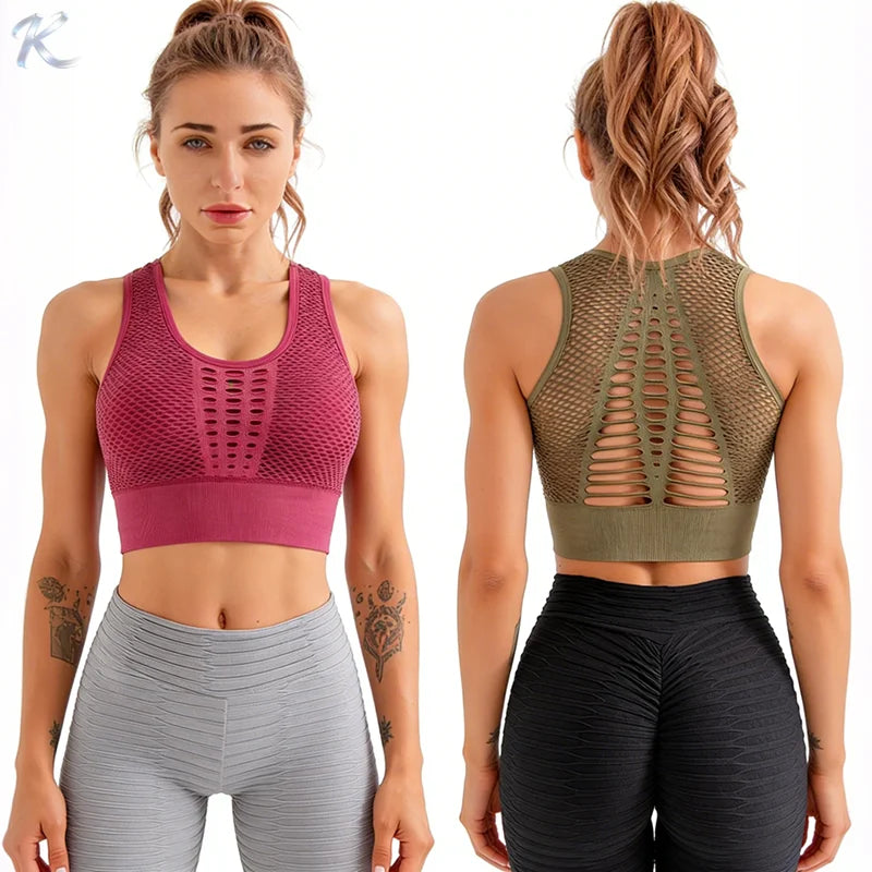 Women's Seamless Mesh Cutout Sports Breathable High Support Athletic Bra Racerback Padded Front Closure Elastic Workout Crop Top