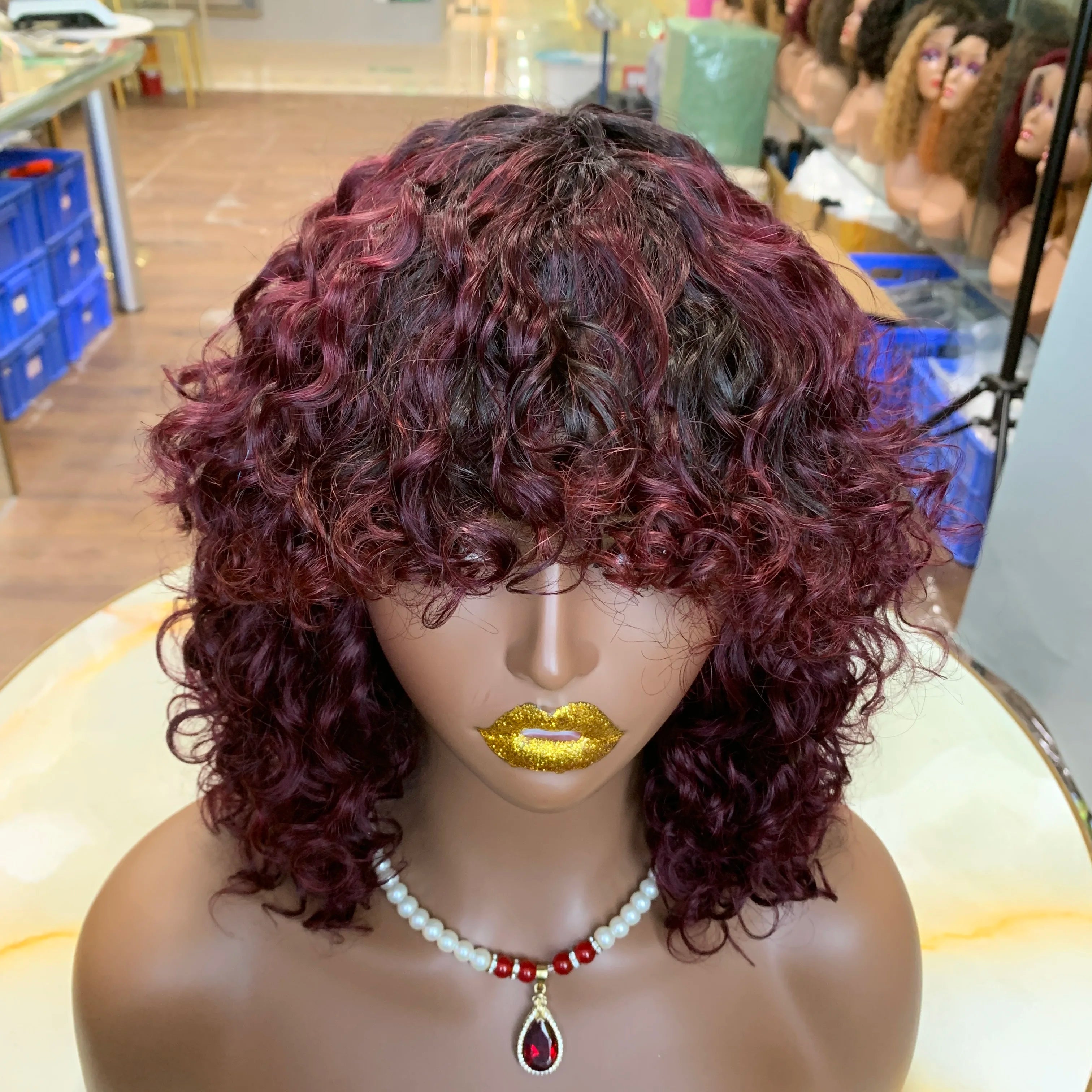 Wholesale Price Pre Plucked Deep Wave Wig Bob Luxury Curl Fringe Wig Human Hair Double Drawn Raw Indian Hair Wigs No Lace