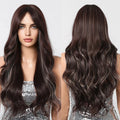 MOQ1 Dark Brown Highlight Water Wavy Wigs Synthetic Wig with Bangs for Women Natural Looking Hair Heat Resistant Fiber Wig