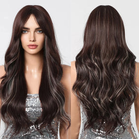 MOQ1 Dark Brown Highlight Water Wavy Wigs Synthetic Wig with Bangs for Women Natural Looking Hair Heat Resistant Fiber Wig