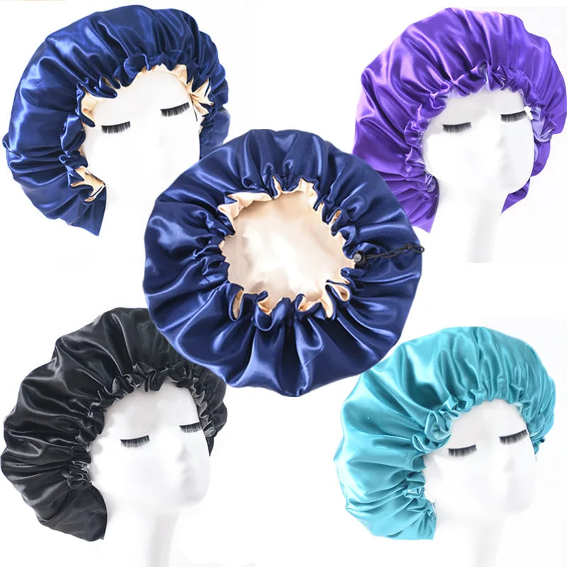 FOCSTAR 2022 Double Layer Reversible Adjustable Satin Bonnet New Year Hair Cover for Bath & Shower Beauty Personal Care Product
