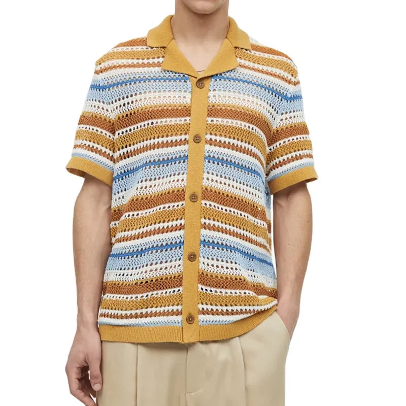 Regular Fit Striped Crochet Clothing Knitted Button up Polo Tshirt Cardigan Mens Crochet Shirt