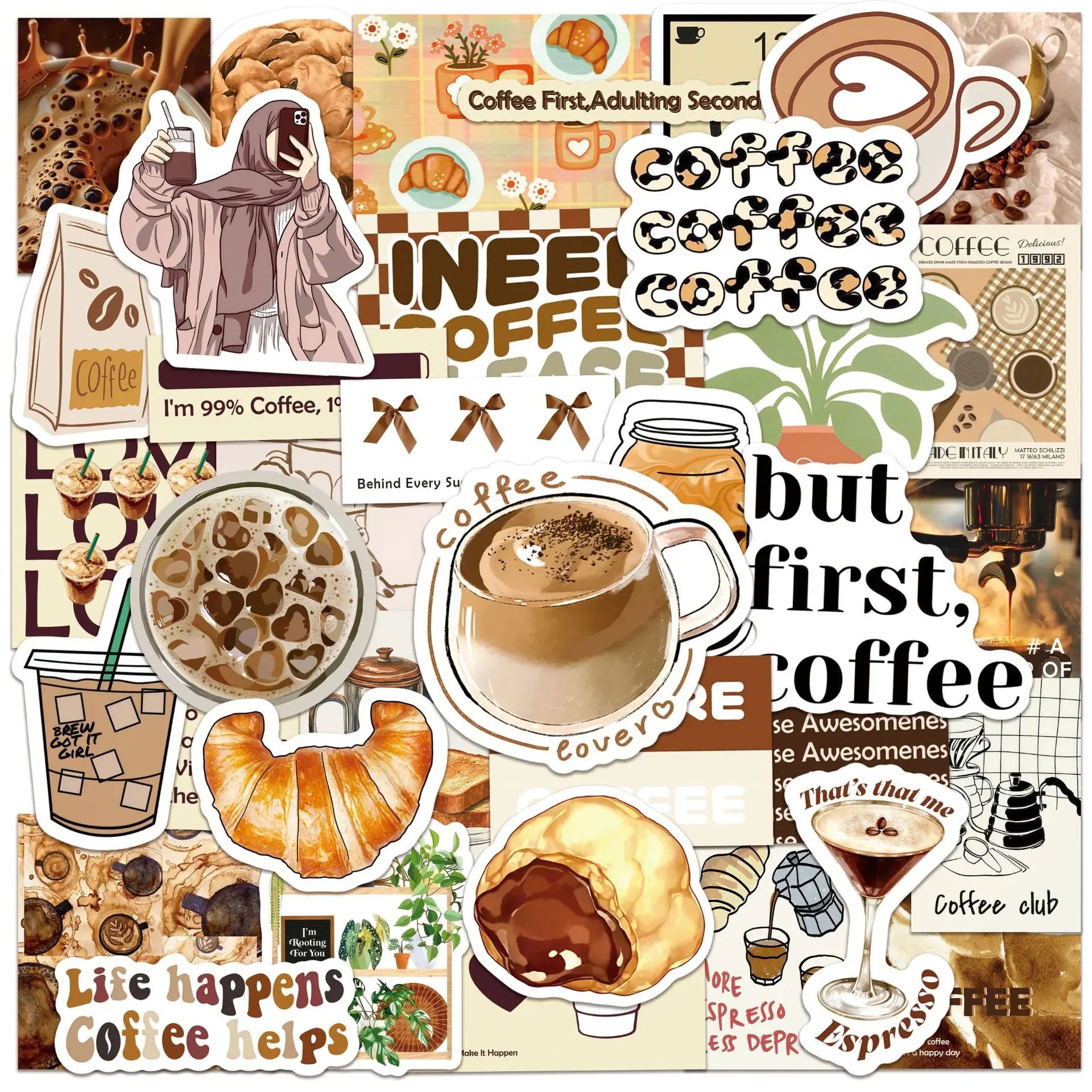 50pcs Ins Style Delicious Coffee PVC Self Adhesive Stickers for Laptop Phone Case Suitcase Skateboard Guitar and Books