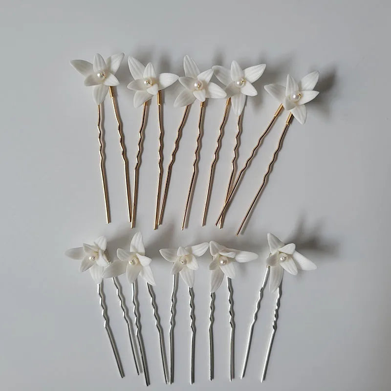 SLBRIDAL Handmade INS Style Pearls Ceram Flower Bridal Hair Pin Set Wedding Hair Sticker Hair Accessories Women Jewelry