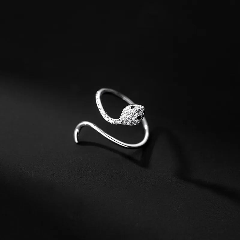 925 Sterling Silver Women Finger Ring Luxury Cubic Zirconia Snake Shape Statement Adjustable Open Thin Rings Fine Jewelry