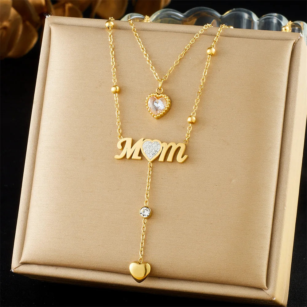 Mother's Day Gift Luxury Stainless Steel Chain Zirconia Fashion Layered Necklaces for MOM