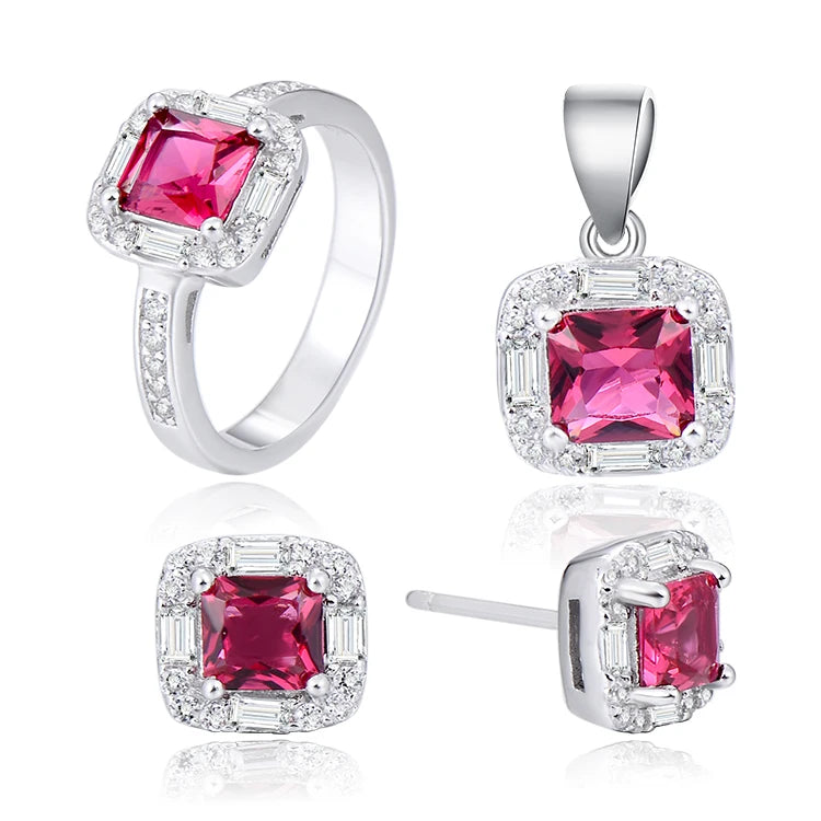 Fancy 925 Sterling Silver Indian Fashion Jewellery Set Cushion Cut Ruby with Gold Plating for Parties and Gifts