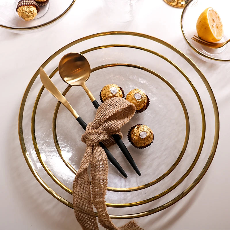 New Arrivals Restaurant Hotel Tableware-Gold Rim Hammered Texture Serving Glass Bowl and Dinner Plate Eco-Friendly for Parties
