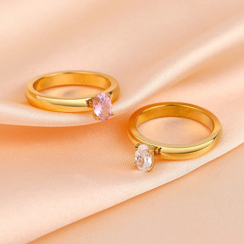 French Light Luxury Inlay Cobble Oval Zircon Titanium Steel Ring Waterproof Stainless Steel Plated 18 K Gold Ring Jewelry