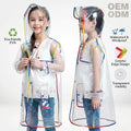 Custom Logo OEM Kids EVA Raincoat Manufacturer Waterproof Transparent Children Rain Coat with Colorful Black Binding Edge