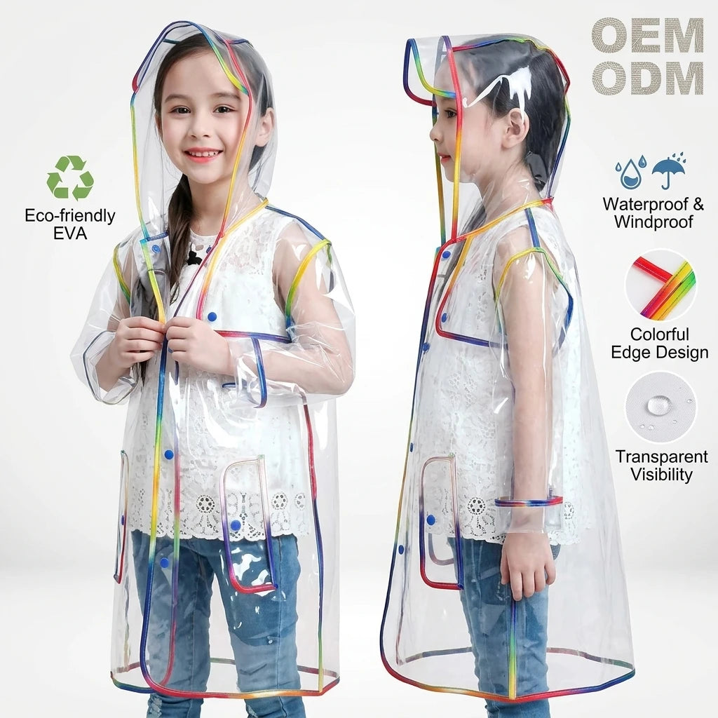 Custom Logo OEM Kids EVA Raincoat Manufacturer Waterproof Transparent Children Rain Coat with Colorful Black Binding Edge