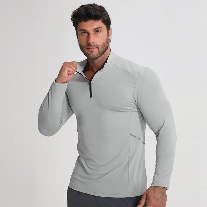 Wholesale Men Autumn Casual Running Long Sleeve Breathable Fitness Elastic Zipper Shirt