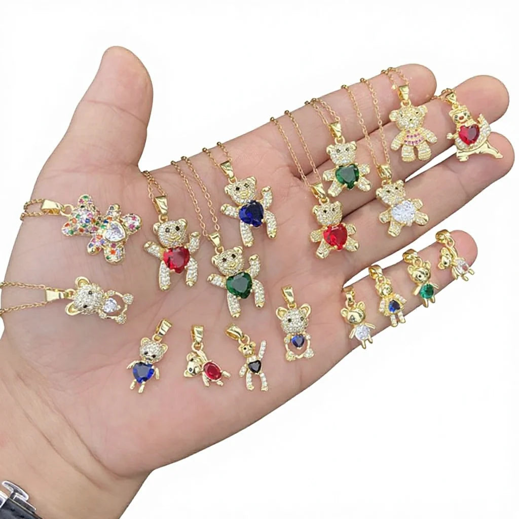 Gold Plated Bear Pendant Necklace Women Girls Brass Colorful Zircon Insert Link Chain Cute Engagement Party Gift Certified