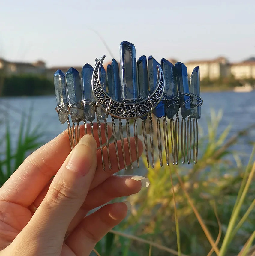 DIY DIY Customized label Wicca moon Mermaid blue crystal hair comb DIY handmade Bridal Hair Accessories HY