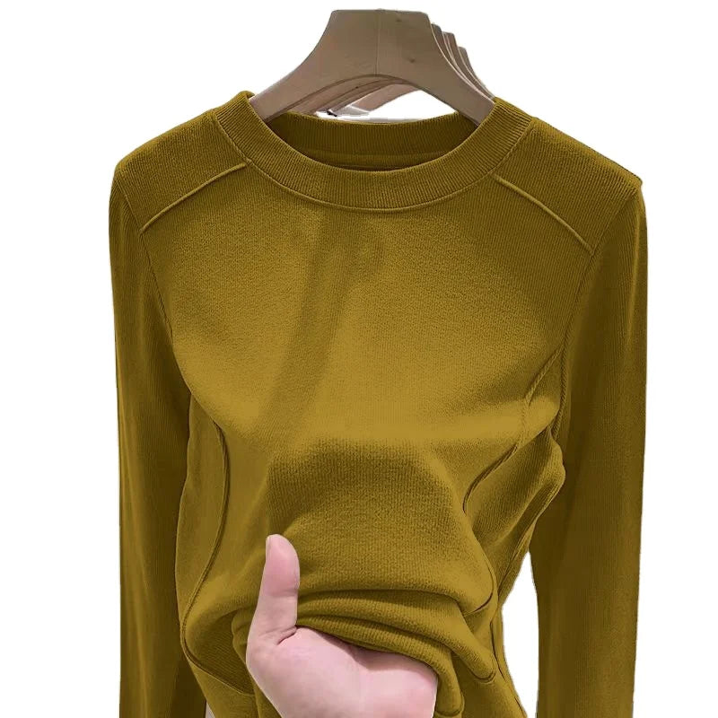 2024 New Korean Thread Women s Fashion T Shirt Base Shirt Solid Color Crew Neck Inner Autumn Winter Coat