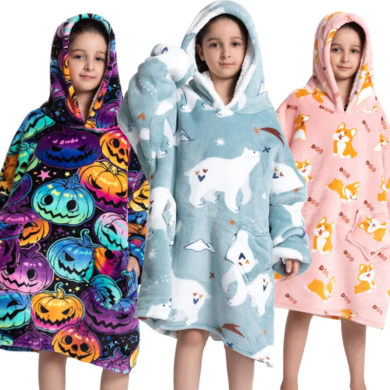 Factory Cheap Winter Luxury Warm Comfortable Kid's Sleepwear Throw Sherpa Blanket Hoodie with Long Sleeves