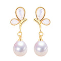 2024 New Women's 14K Gold Plated Freshwater Pearl Earrings Natural Sea Shell Butterfly Design Gift