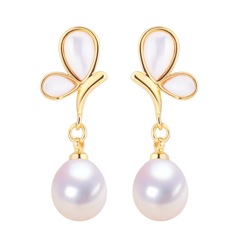 2024 New Women's 14K Gold Plated Freshwater Pearl Earrings Natural Sea Shell Butterfly Design Gift