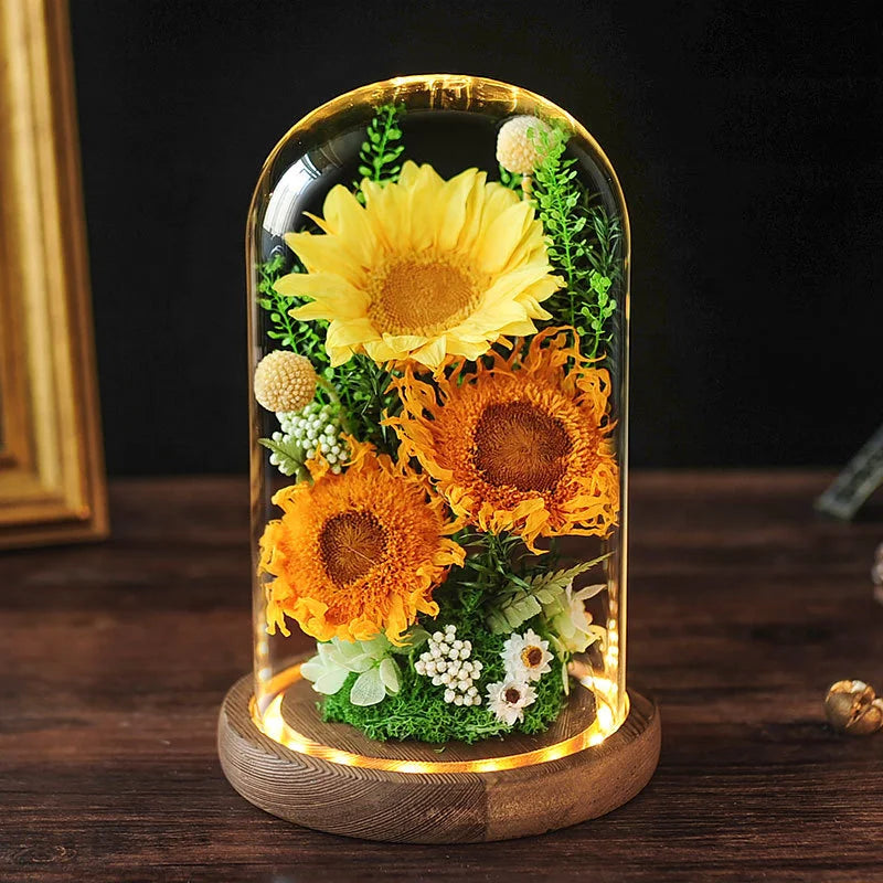 Valentine's Christmas Gift Eternal Flower Sunflower Glass Cover Creative Ornaments for Elder Teachers Birthday Gift