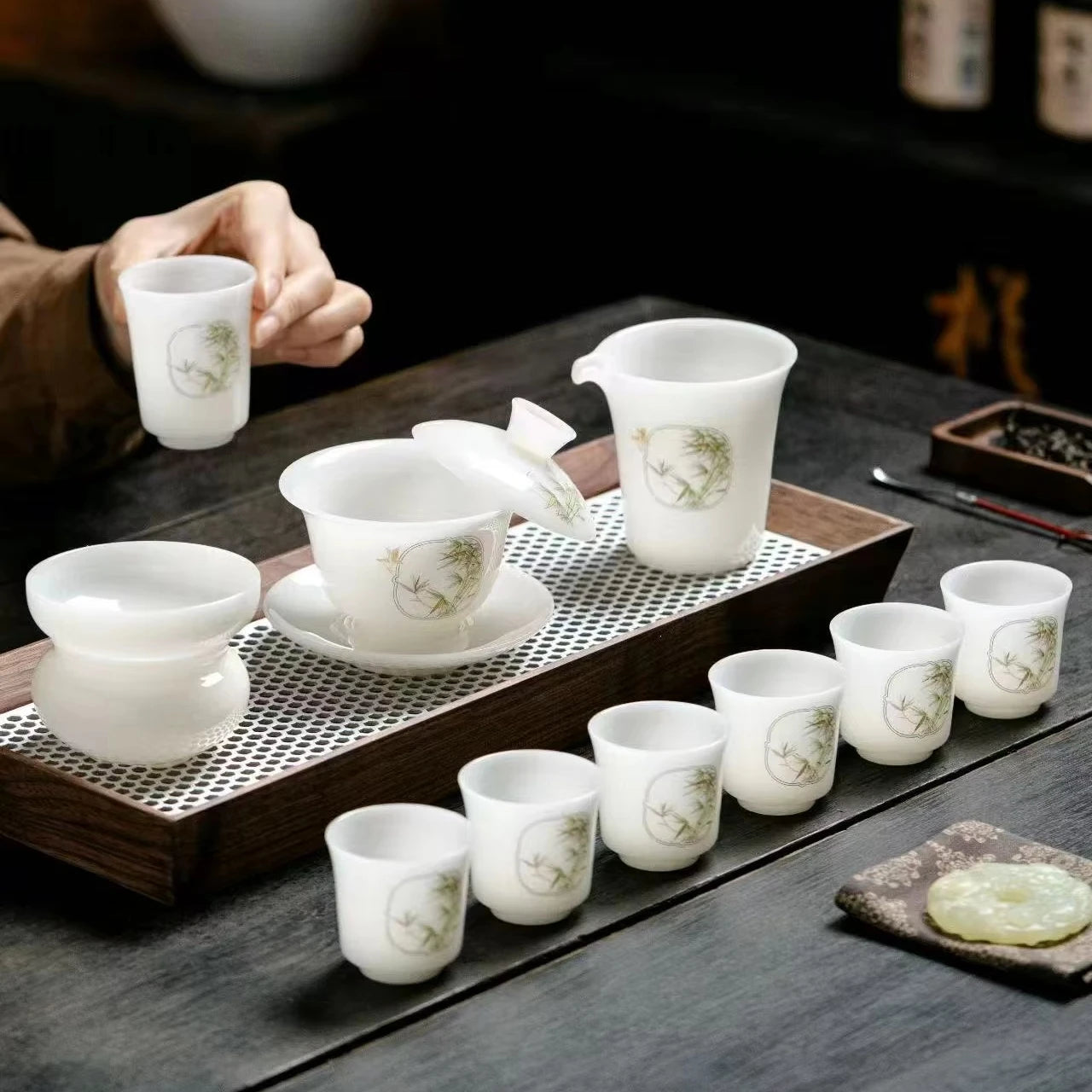 Porcelain ICE-GLASS STYLE Chinese Modern Ceramic Tea Set Gaiwan and Tea Cup