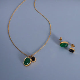 Irregular Green and Black Agate Pendant Necklace Earrings Set Stainless Steel 18k Gold Plated Necklace Colier Pour Femme