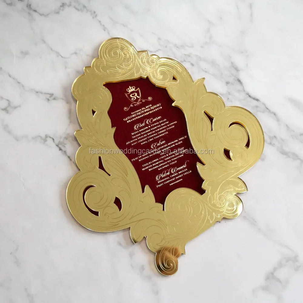 2026 New Arrival for Red Velvet Gold Mirror Acrylic Handmade Luxury Party Food Menu Cards Wedding Stationery Creative Music Pape