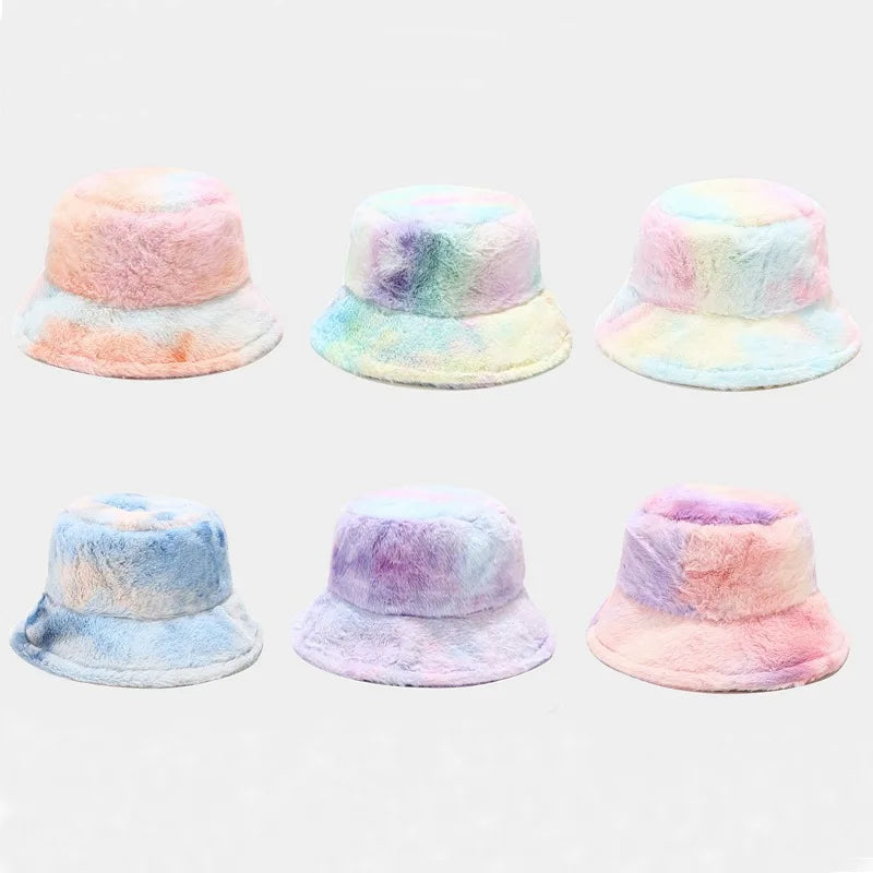 Wholesale Custom Winter Outdoor Women Rainbow Soft Warm Fishing Cap Faux Fur Tie Dye Bucket Hat