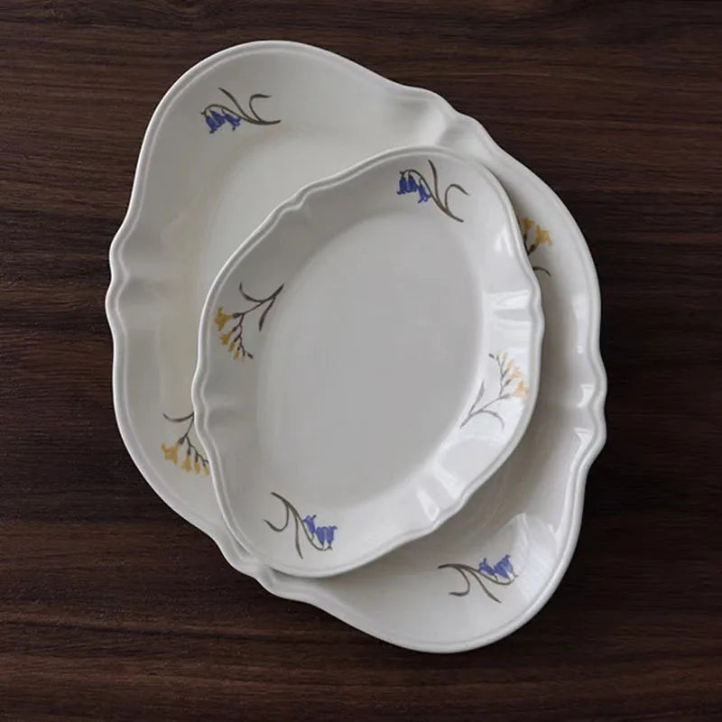 Solhui Japanese Freesia Wave Ceramic Oval Plate Light Luxury Creative Breakfast Dessert Plate Fish Plate