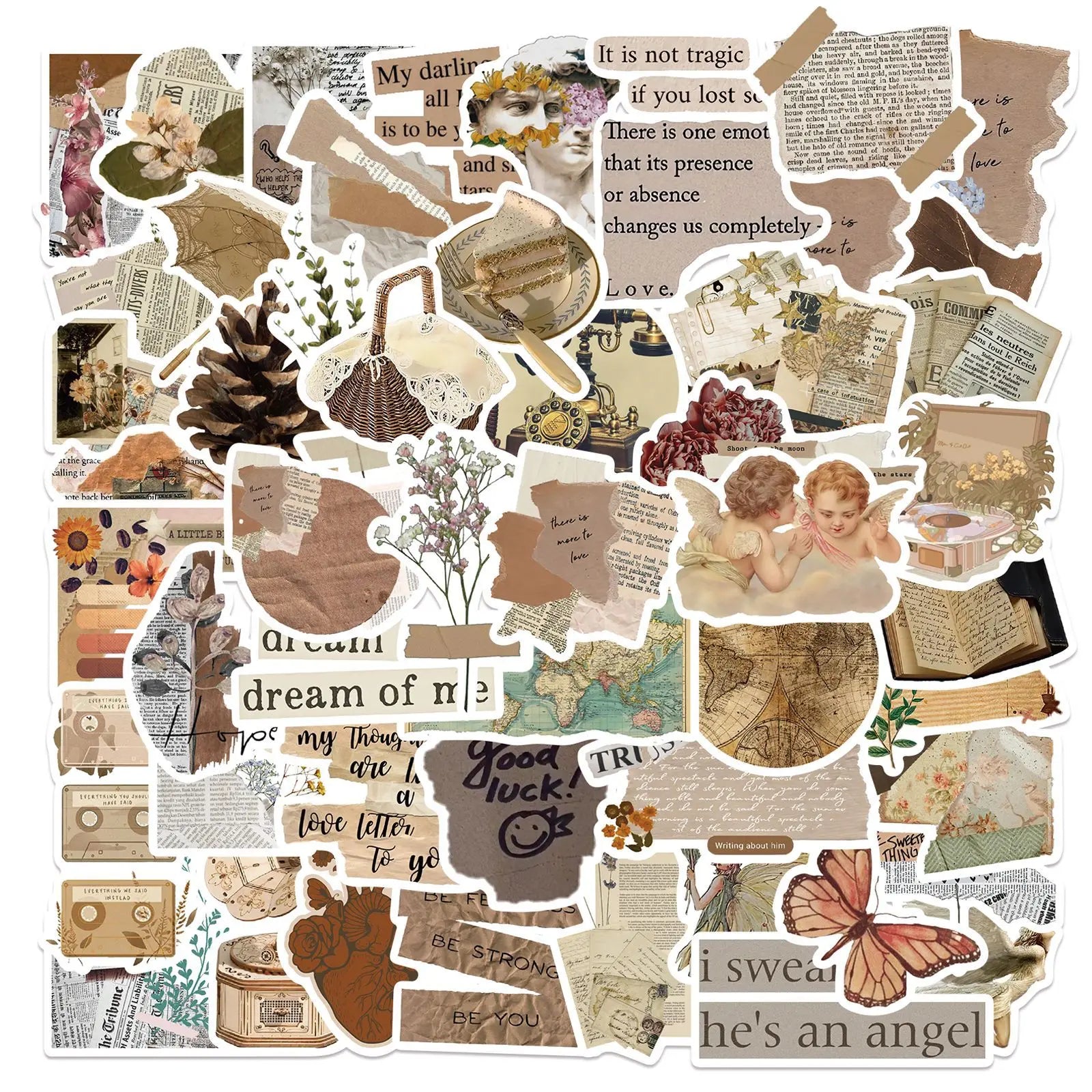 52Pcs New Vintage Newspaper Scrap Decorative Stickers for Wall Book Phone Waterproof Retro Boho Style Sticker