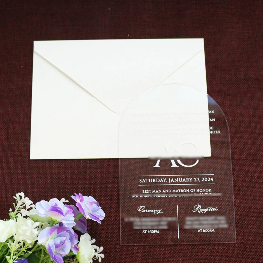 Beautiful DIY Handmade White Foil Arch Shape Clear Acrylic Invitation With Envelope for Wedding Birthday Quinceanera Events