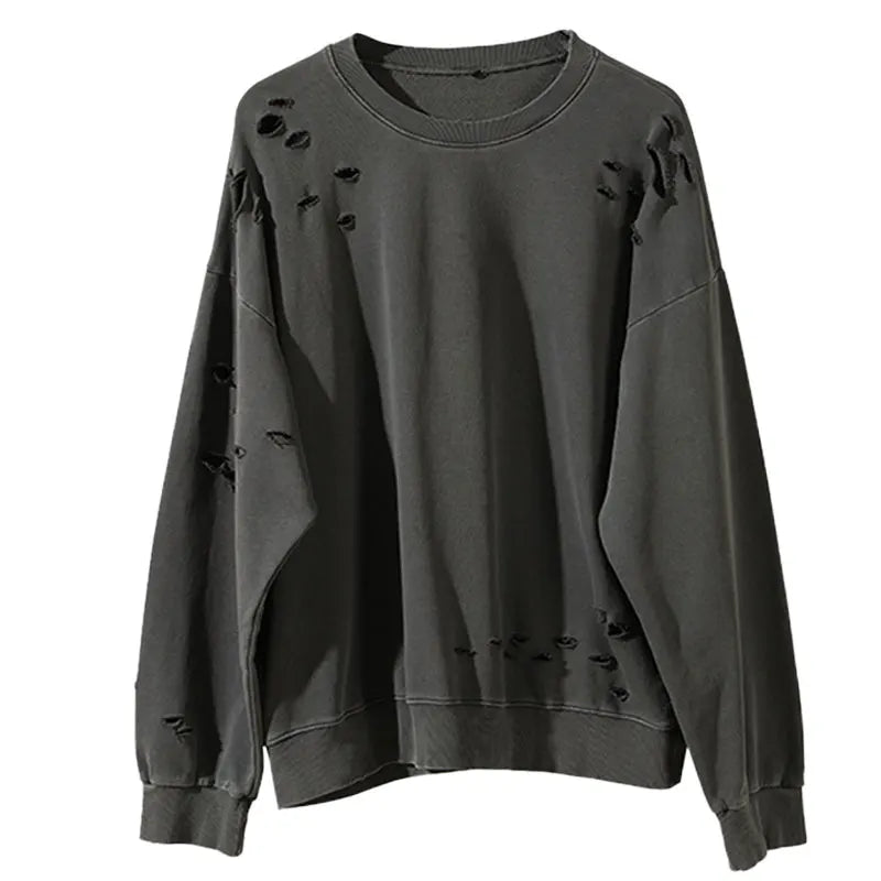 Custom Gray Color Cropped Hoodie Men French Terry Heavyweight Distressed Acid Washed Crew Neck Sweatshirt