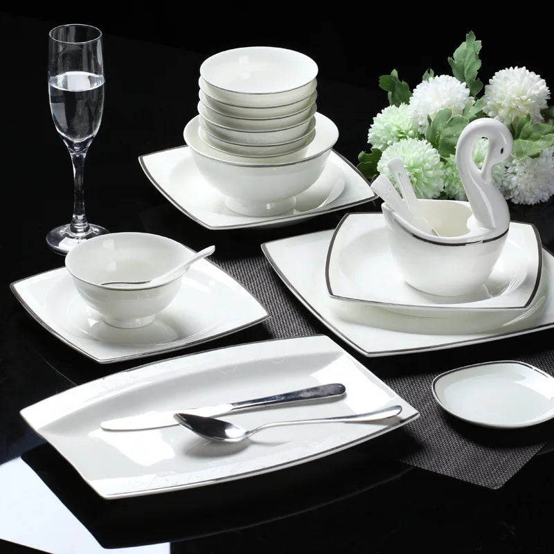 Ins Fashion  60 Pcs Simplicity Silver Romance Home Decor Dining Room Sets Porcelain  Dinnerware Sets