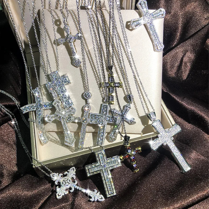 Luxury Silver Diamond Cross Necklace Sparkling Cubic Zirconia CZ Crucifix Jesus Cross Pendant Necklace Men Women MegaBDM