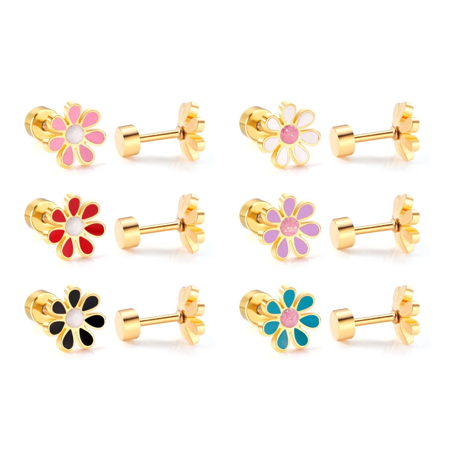 Stainless Steel Tiny Flatback Stud Earring Colorful Flower Dragonfly Crown Charm Earring 12 Pairs Pack Gold 8mm