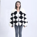 Black&White Grid Pattern Big Size Real Fox Fur Bomber Jacket Ladies