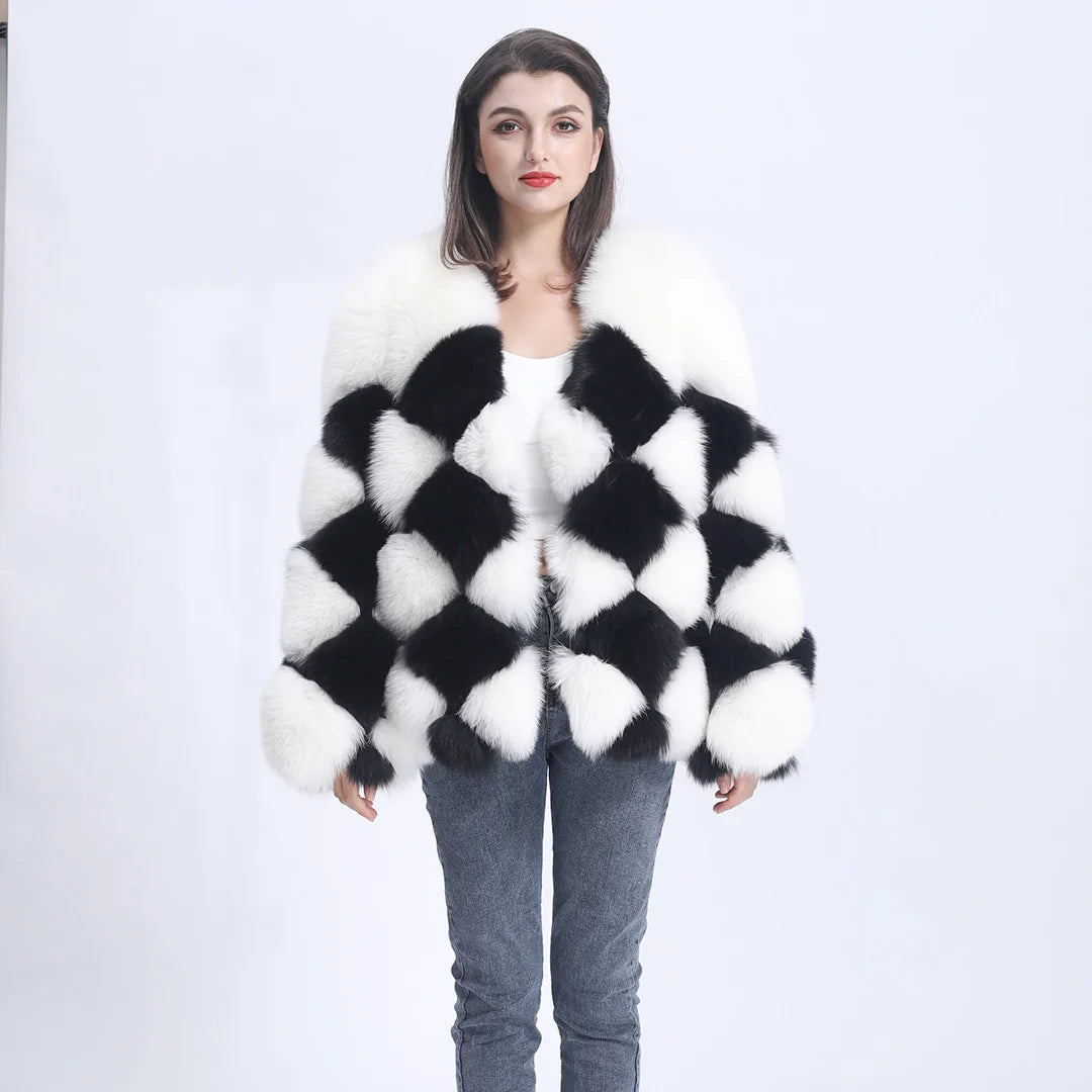 Black&White Grid Pattern Big Size Real Fox Fur Bomber Jacket Ladies