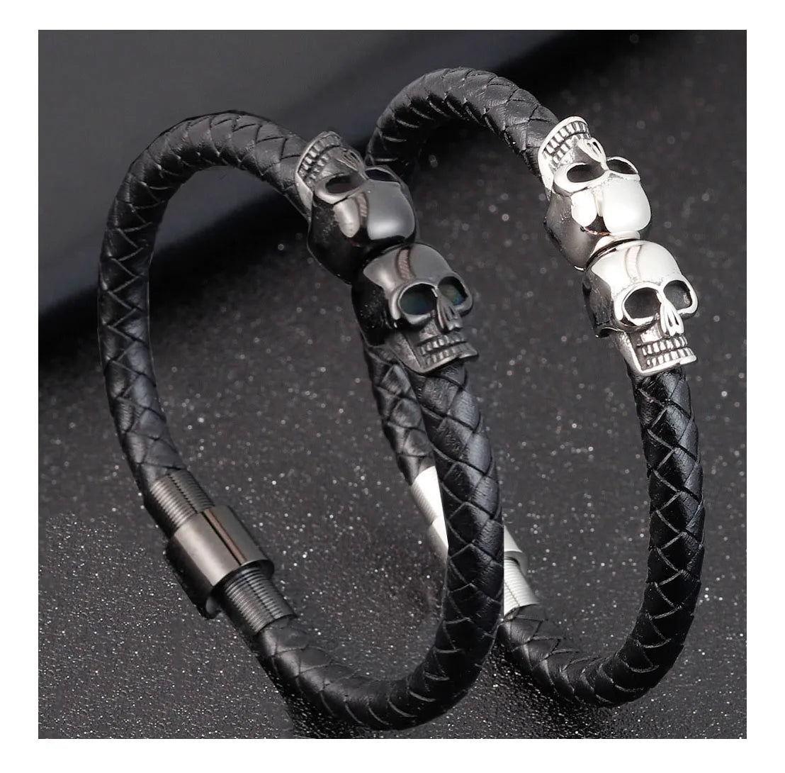 Retro Punk Rock Men Leather Wrap Bracelet Stainless Steel Magnetic Clasp Double Skull Head Black Leather Braided Bracelet Anchor