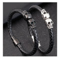 Retro Punk Rock Men Leather Wrap Bracelet Stainless Steel Magnetic Clasp Double Skull Head Black Leather Braided Bracelet Anchor