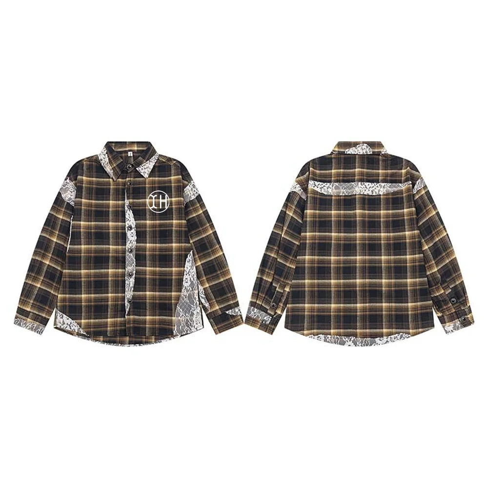 Clothing Manufacturer Men Fashion Lace Splicing Shirt Plaid Printed Button Long Sleeve Shirts Casual Lapel Tops
