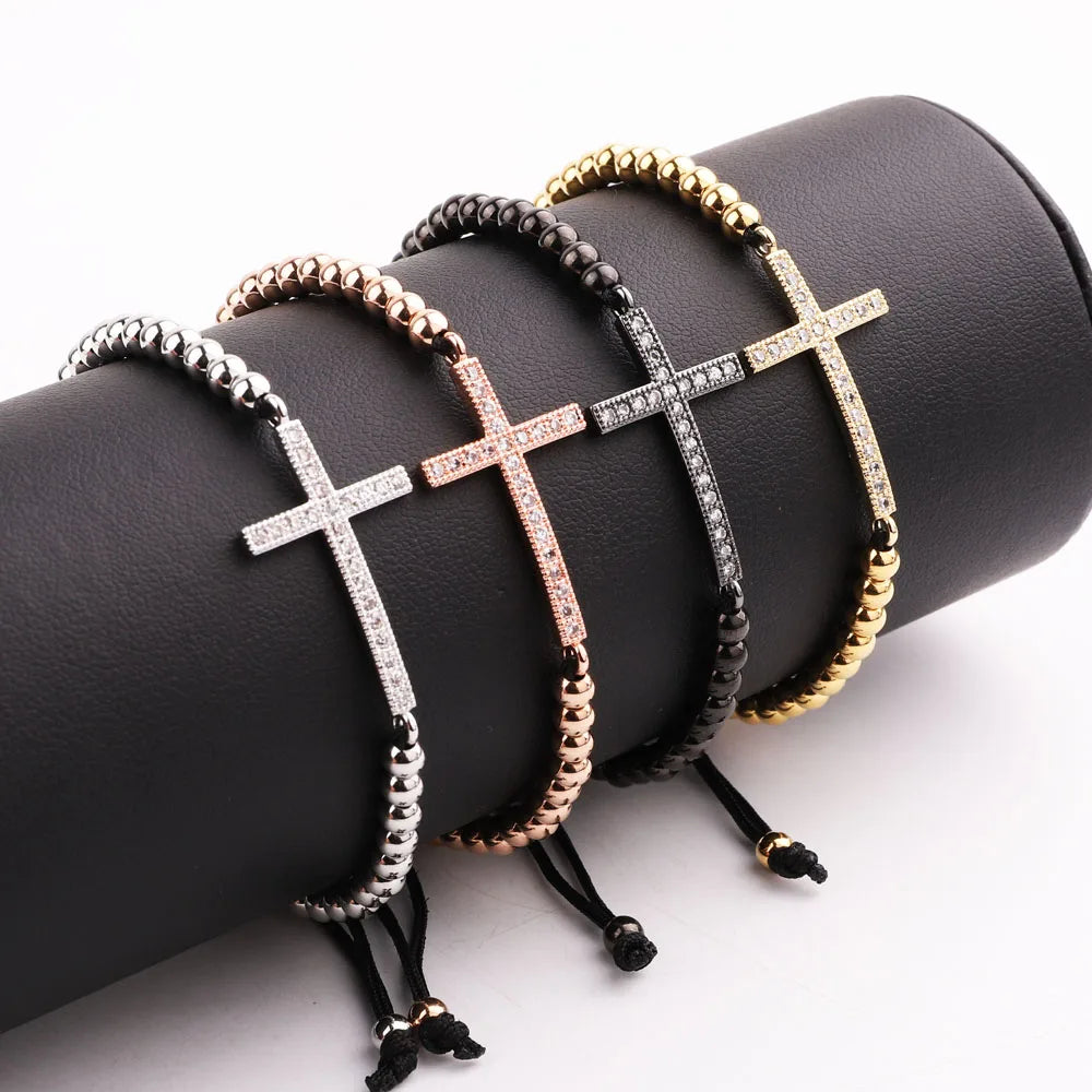 Fashion Classic Design CZ Pave Cross Charm Beads Braided Macrame Friendship Bracelet Women