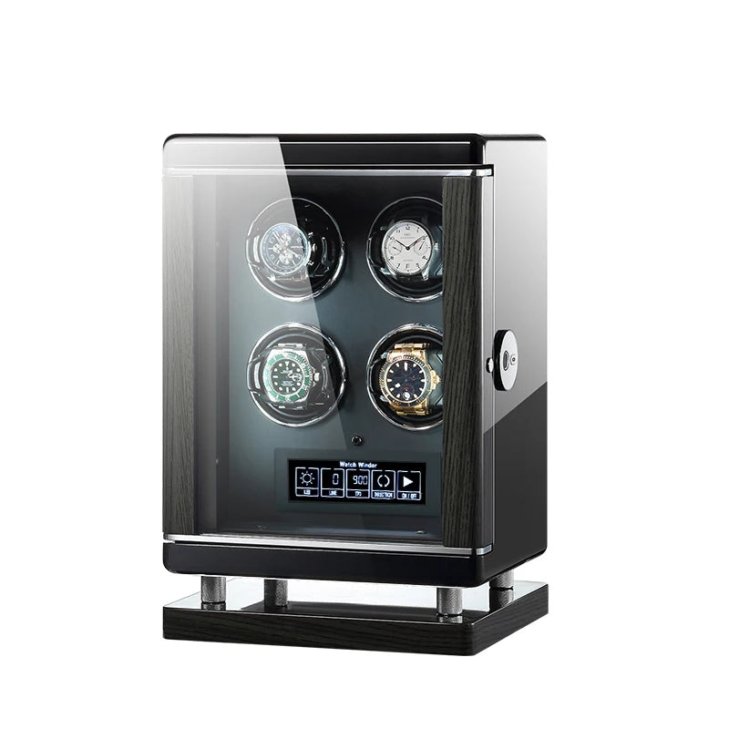 MINEESI 4-Slot Automatic Watch Winder Leather Wood Fingerprint Unlock Shaker Mechanical Watches Storage LCD Touch Screen Water
